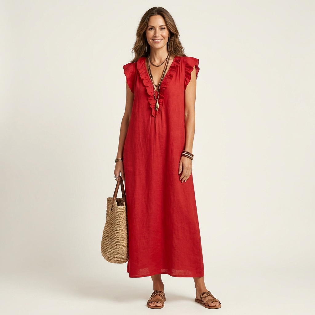 Rosalind | Vestido Maxi de Lino con Volantes y Escote en V