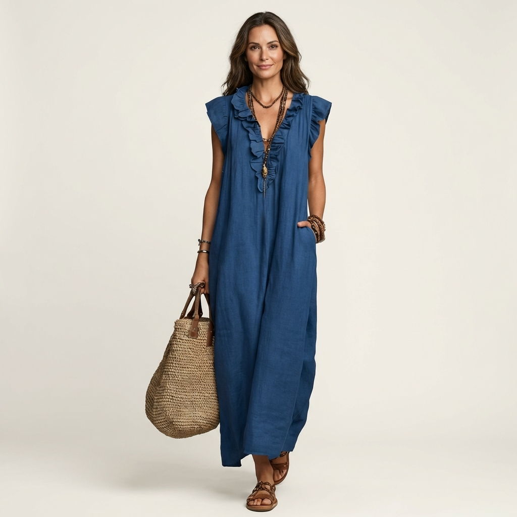 Rosalind | Vestido Maxi de Lino con Volantes y Escote en V