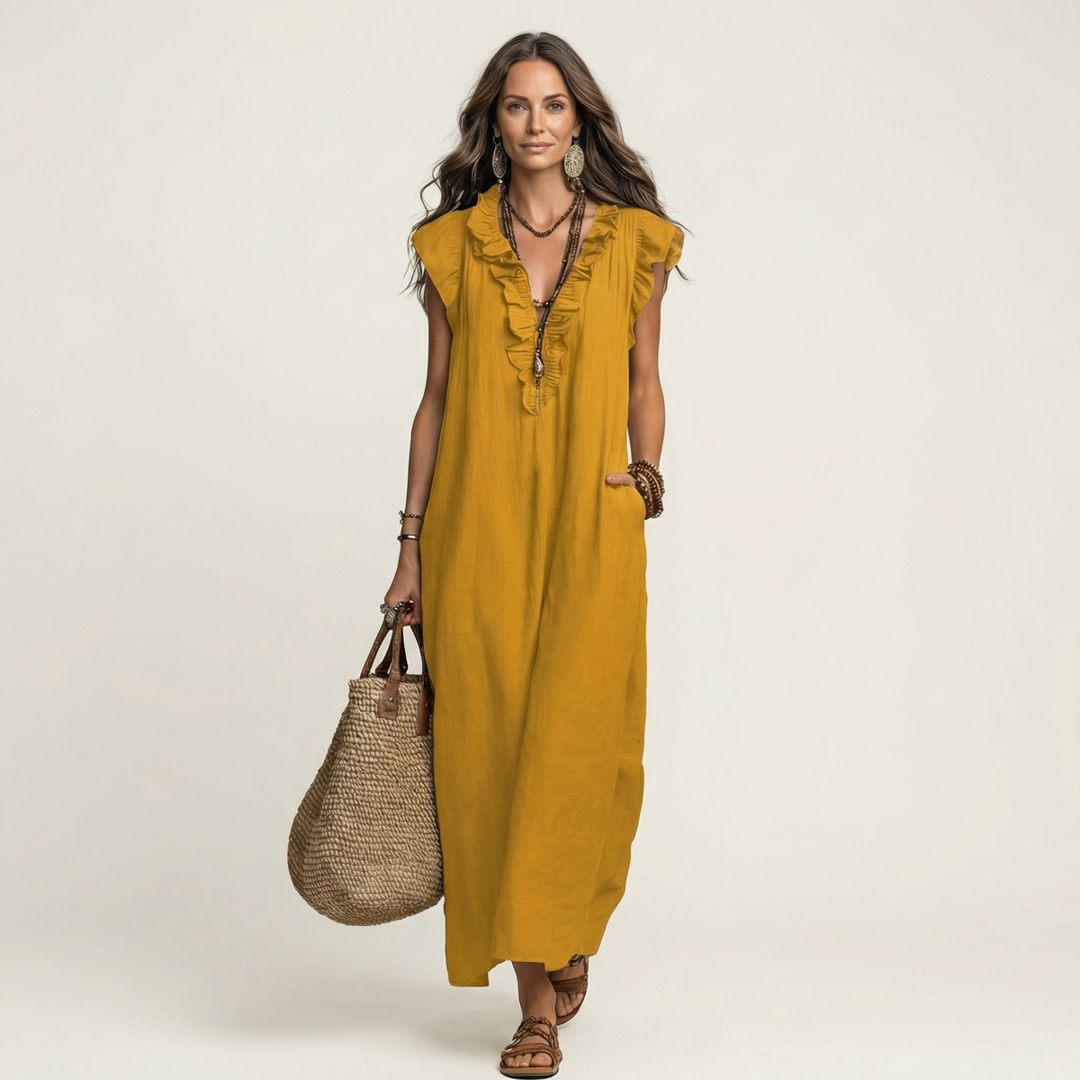 Rosalind | Vestido Maxi de Lino con Volantes y Escote en V