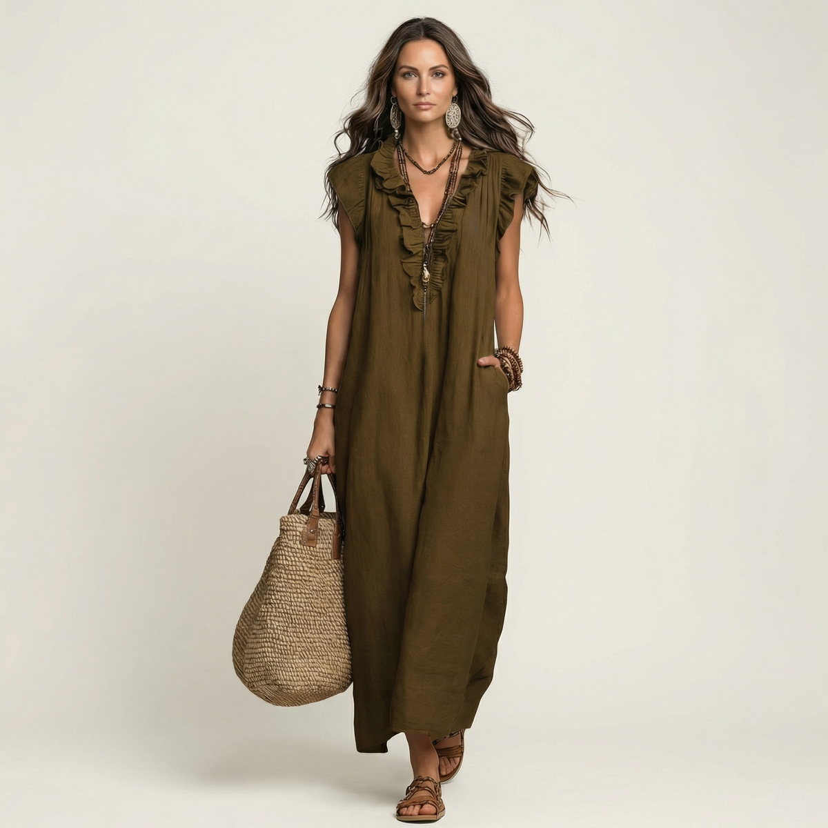 Rosalind | Vestido Maxi de Lino con Volantes y Escote en V