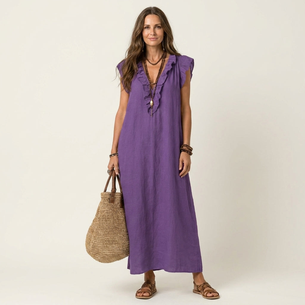 Rosalind | Vestido Maxi de Lino con Volantes y Escote en V