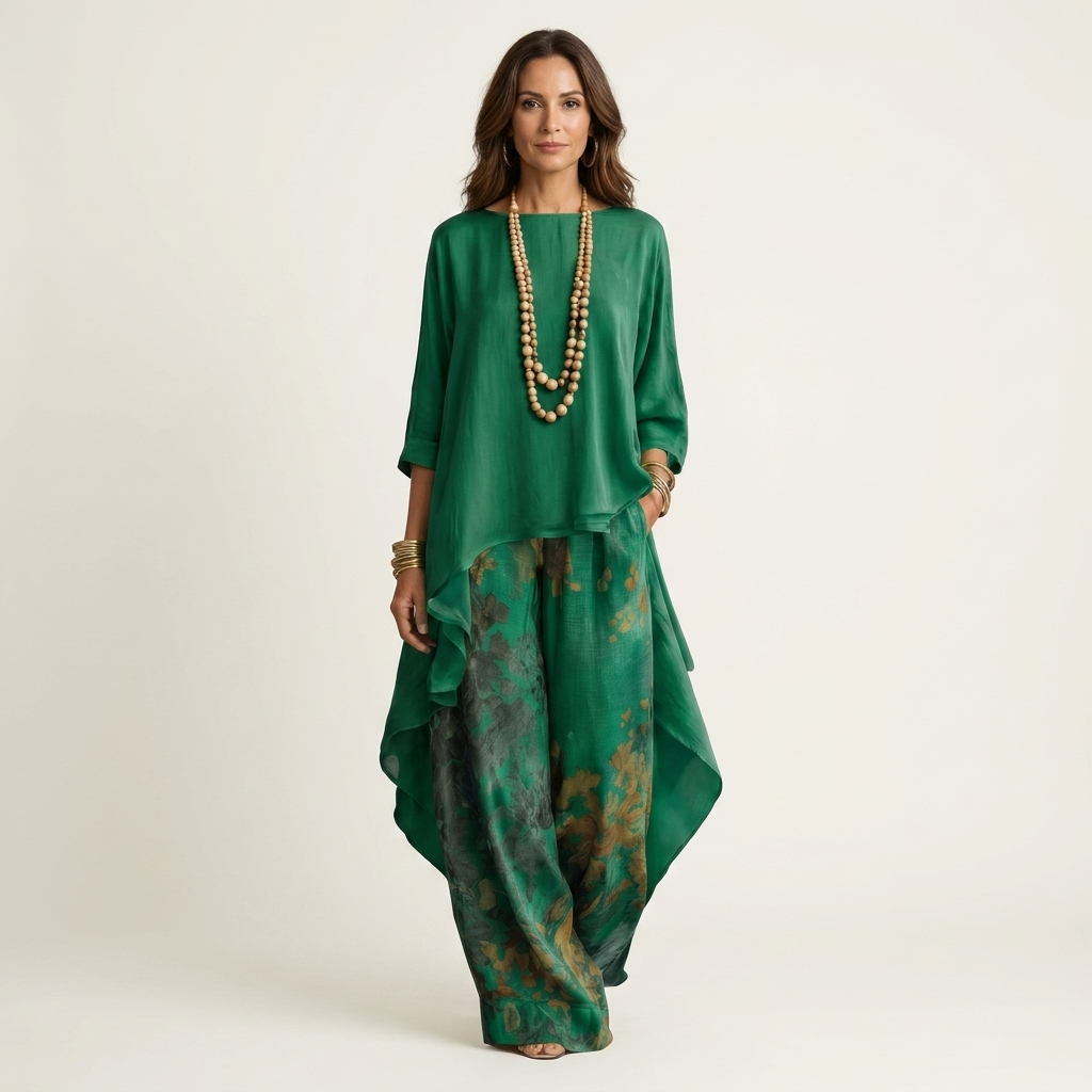 Esmeralda | Conjunto de Dos Piezas de Algodón y Seda con Túnica Asimétrica