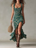 Savannah | Vestido Maxi Boho Floral Fruncido con Abertura Lateral