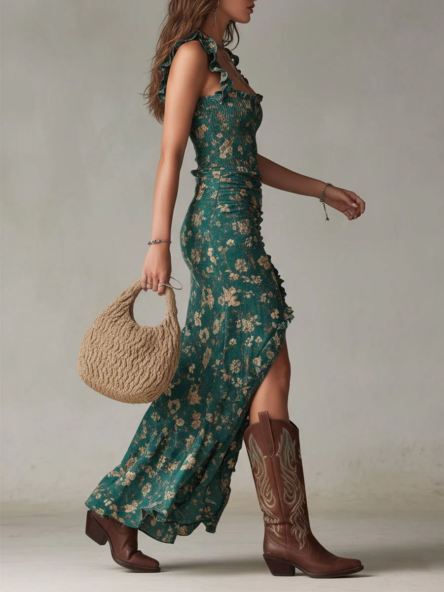Savannah | Vestido Maxi Boho Floral Fruncido con Abertura Lateral