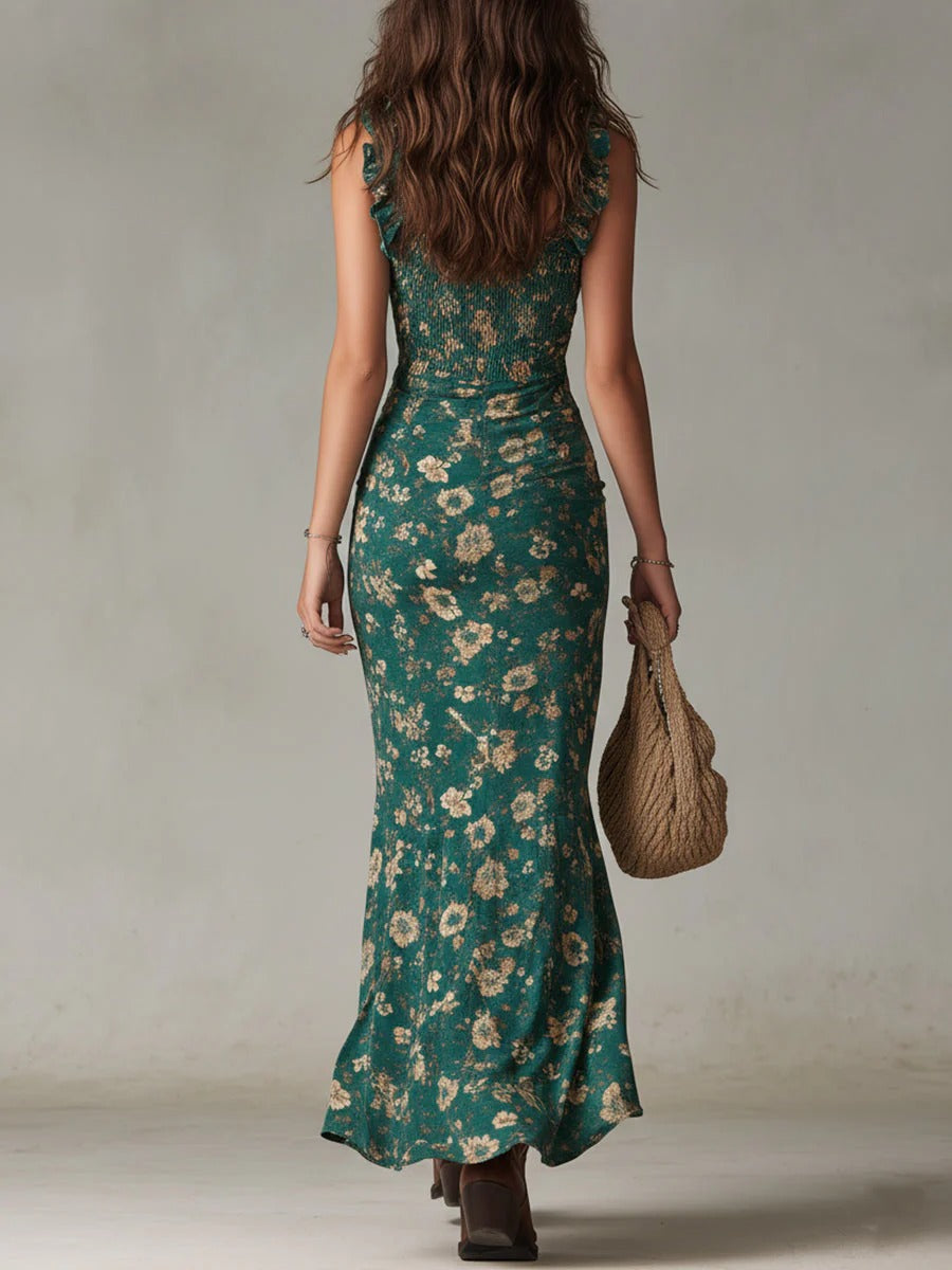 Savannah | Vestido Maxi Boho Floral Fruncido con Abertura Lateral