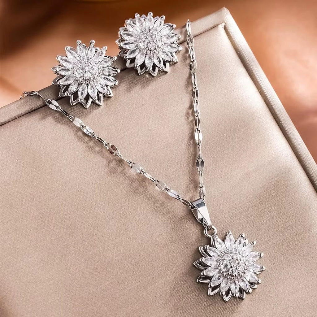 Conjunto de Collar y Pendientes Girasol de Circonita en Plata
