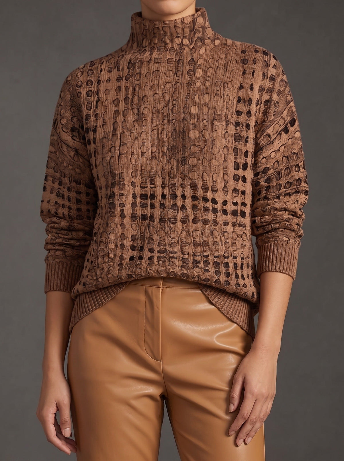 Marina™ | Jersey de cuello alto con diseño de rejilla en color castaño