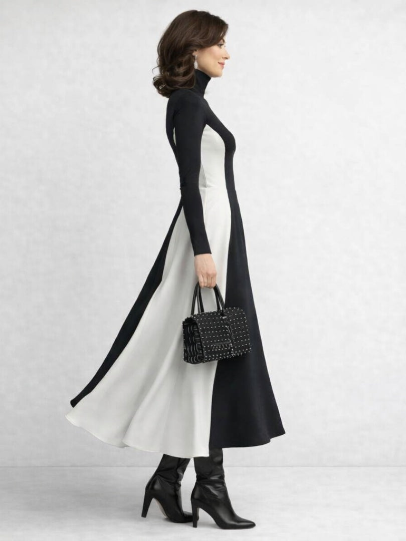 Elegante vestido largo de invitada de boda de invierno con cuello alto y manga larga | Maxi