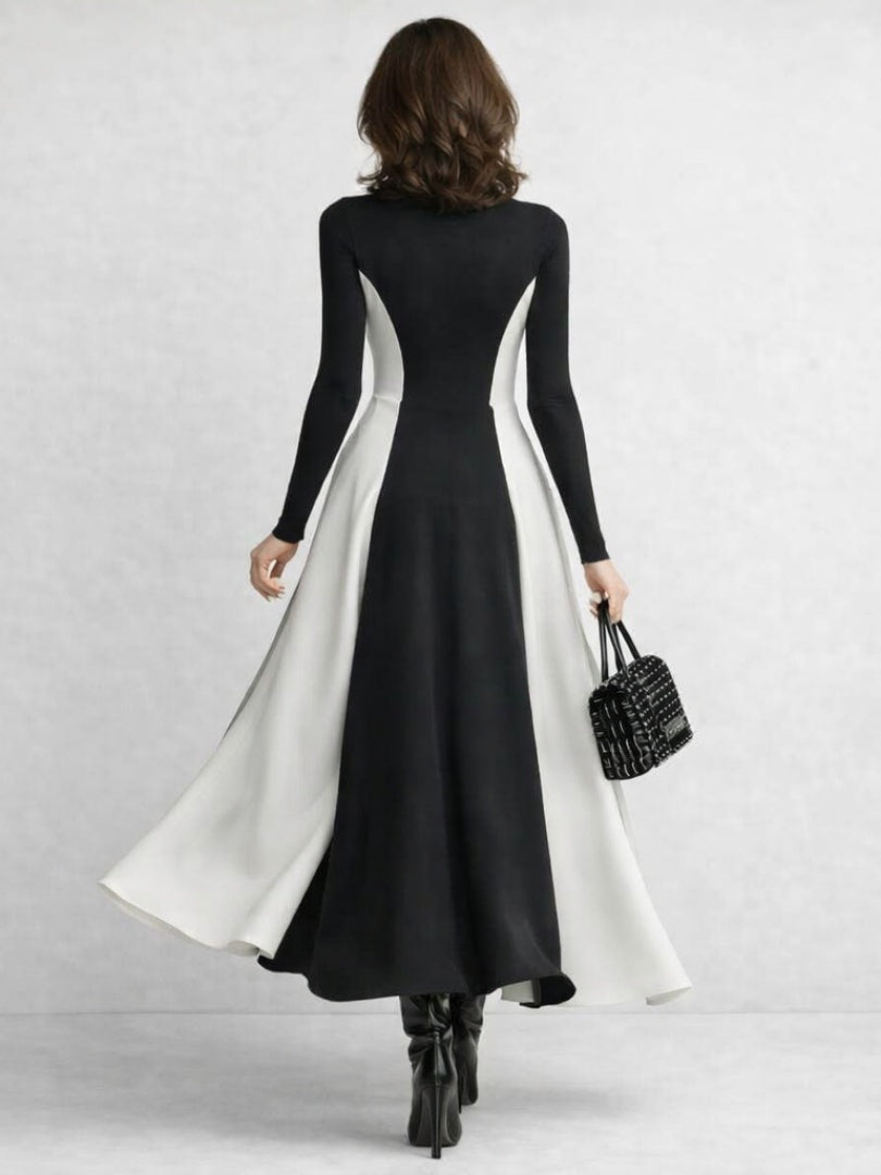 Elegante vestido largo de invitada de boda de invierno con cuello alto y manga larga | Maxi
