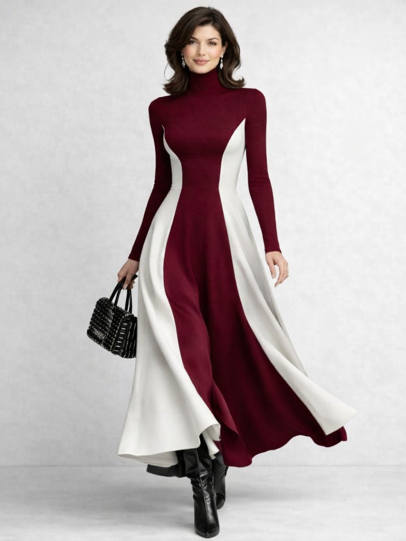 Elegante vestido largo de invitada de boda de invierno con cuello alto y manga larga | Maxi