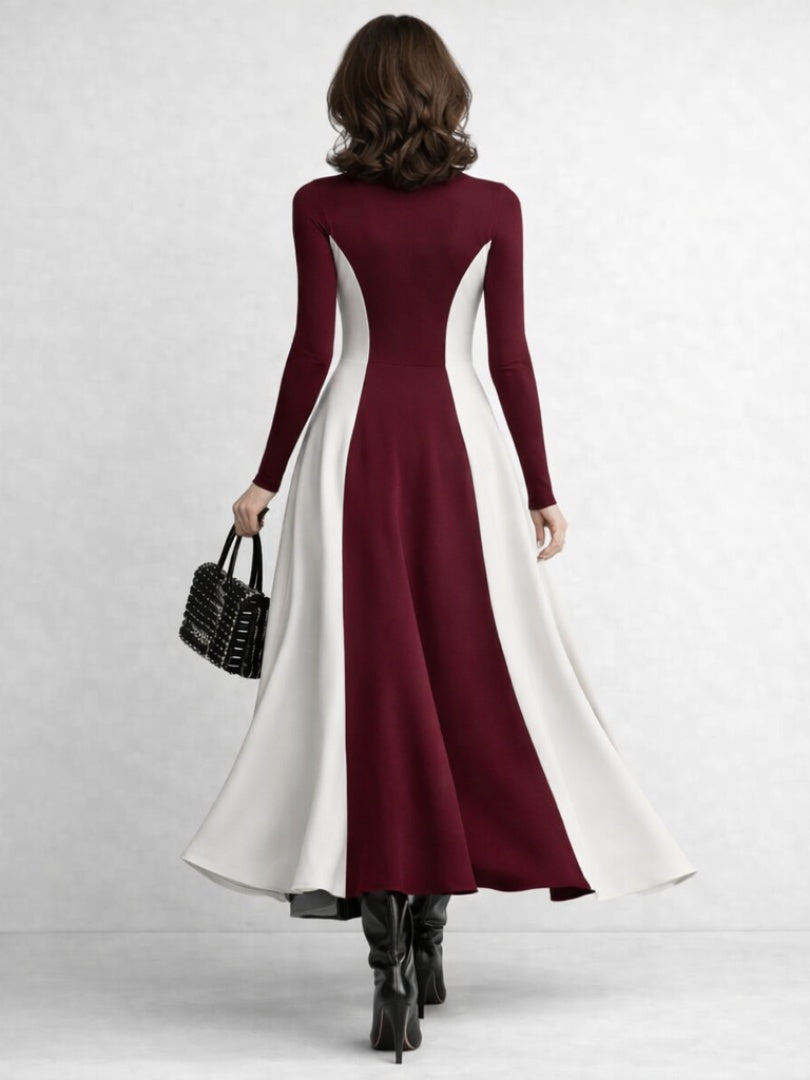 Elegante vestido largo de invitada de boda de invierno con cuello alto y manga larga | Maxi