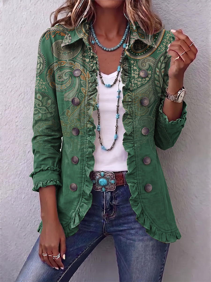 Olive | Chaqueta con Estampado Cachemira Desgastado y Ribete de Volantes