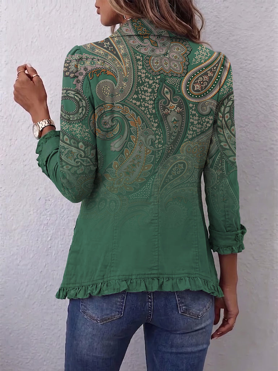 Olive | Chaqueta con Estampado Cachemira Desgastado y Ribete de Volantes