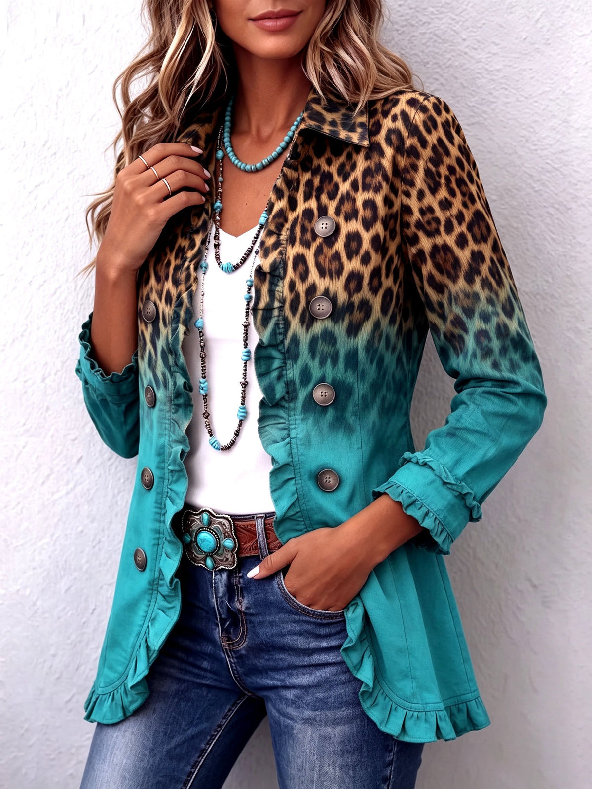 Kenya | Blazer con Volantes y Degradado de Leopardo a Turquesa