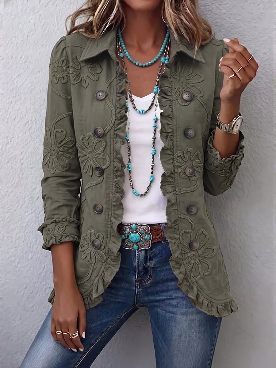 Leticia | Chaqueta Bordada Floral en Verde Oliva con Borde de Volantes