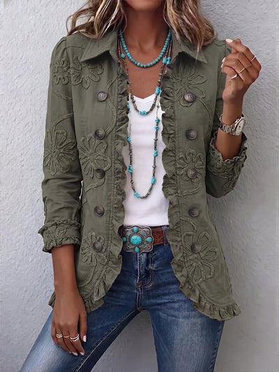 Leticia | Chaqueta Bordada Floral en Verde Oliva con Borde de Volantes