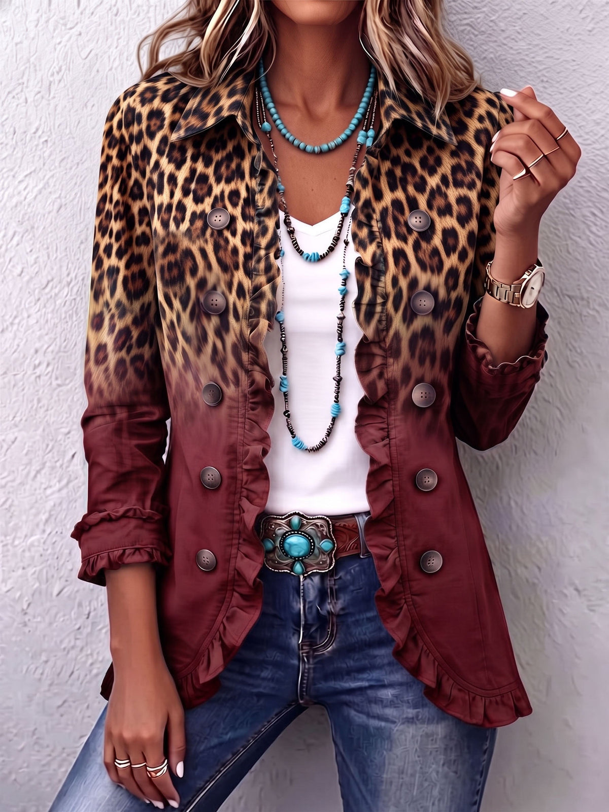 Kenya | Blazer con Volantes y Degradado de Leopardo a Turquesa