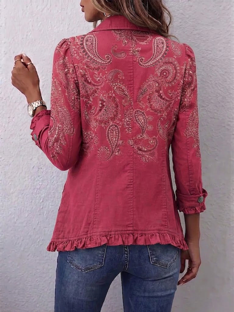 Philippa | Chaqueta de Estampado Cachemira Frambuesa con Borde de Volantes