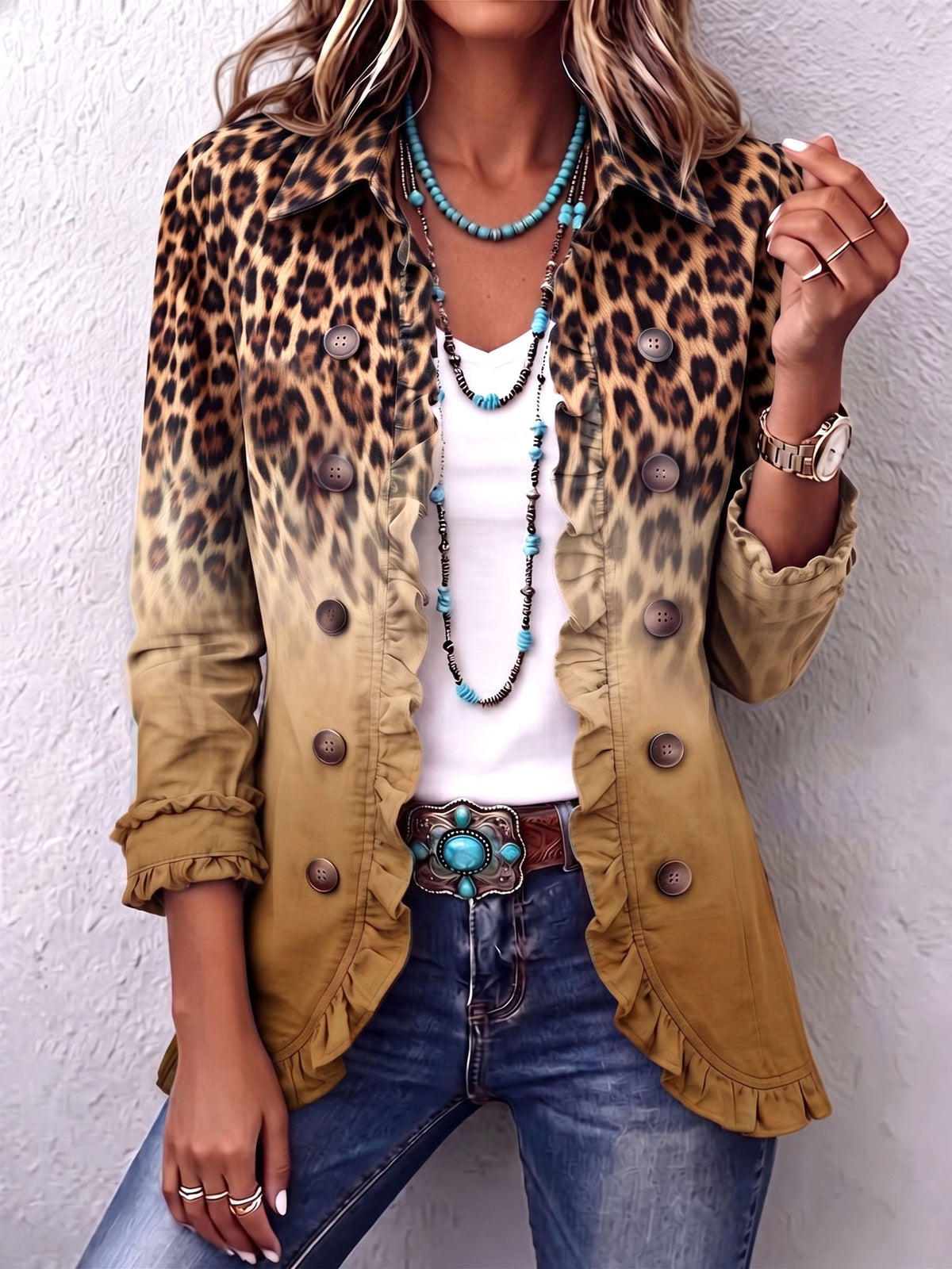 Kenya | Blazer con Volantes y Degradado de Leopardo a Turquesa