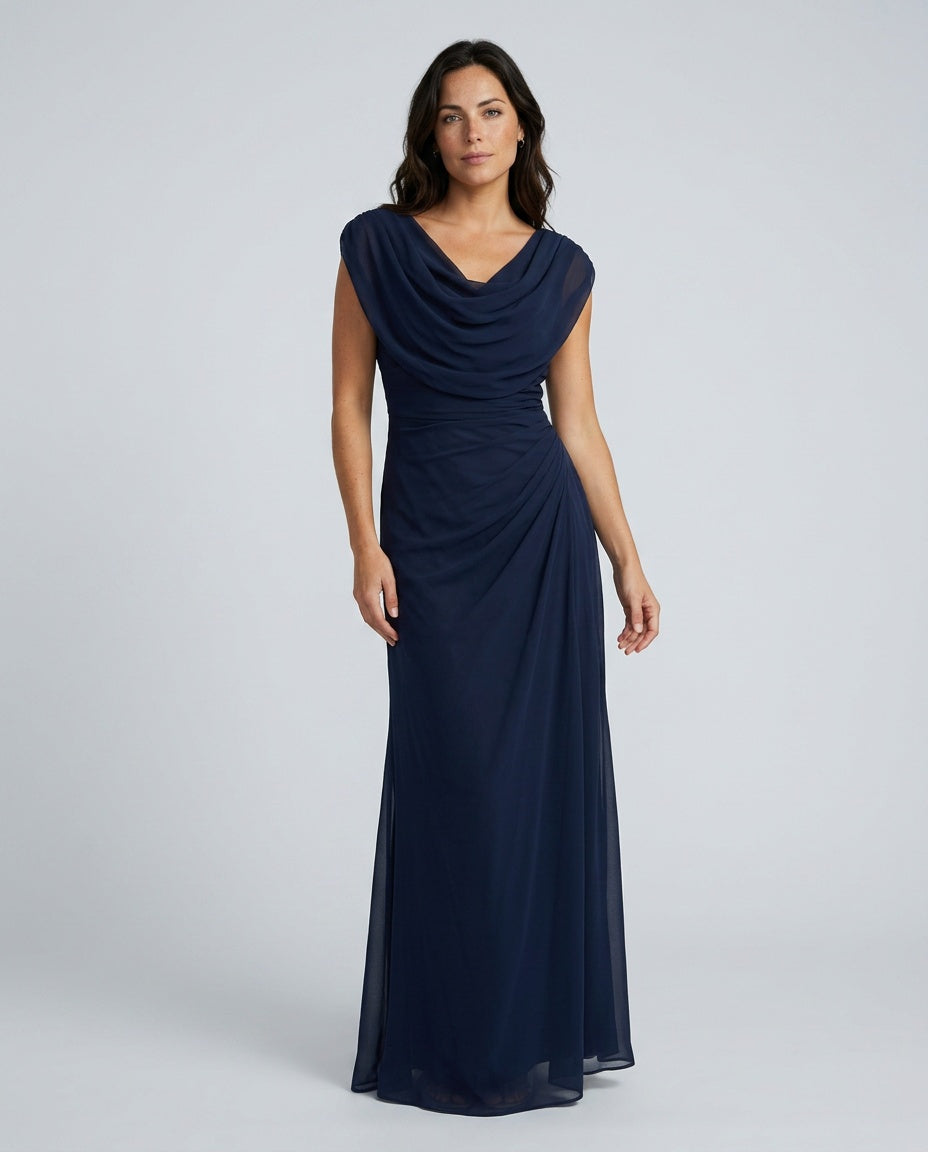 Vestido largo drapeado de invitada con cintura marcada para mujer