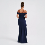 Elegante vestido largo de invitada de boda y de fiesta con hombros descubiertos y abertura | Maxi