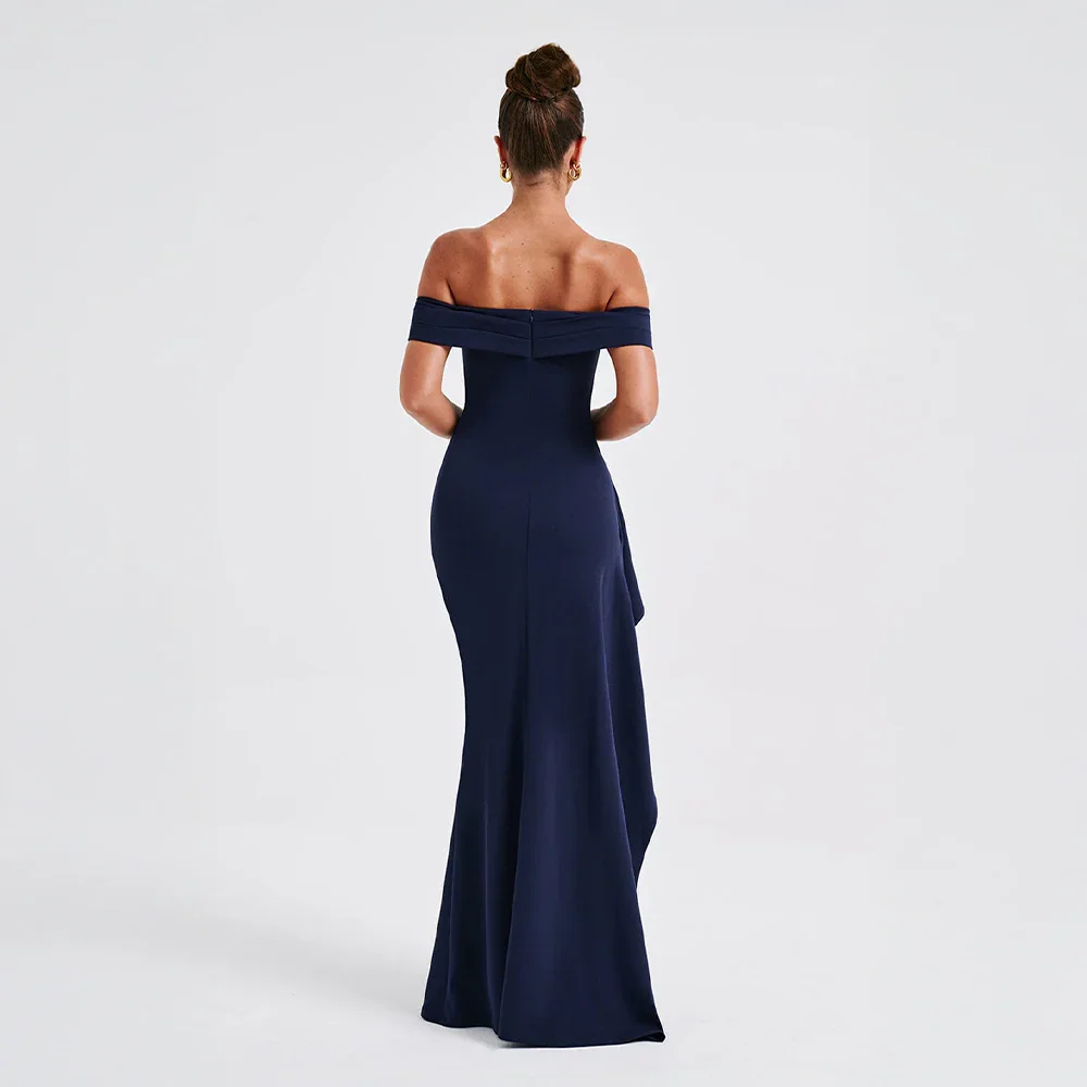 Elegante vestido largo de invitada de boda y de fiesta con hombros descubiertos y abertura | Maxi