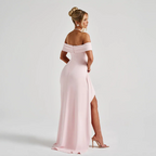 Elegante vestido largo de invitada de boda y de fiesta con hombros descubiertos y abertura | Maxi