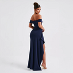 Elegante vestido largo de invitada de boda y de fiesta con hombros descubiertos y abertura | Maxi