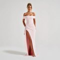 Elegante vestido largo de invitada de boda y de fiesta con hombros descubiertos y abertura | Maxi