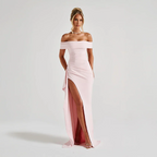 Elegante vestido largo de invitada de boda y de fiesta con hombros descubiertos y abertura | Maxi