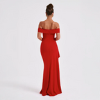 Elegante vestido largo de invitada de boda y de fiesta con hombros descubiertos y abertura | Maxi
