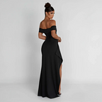 Elegante vestido largo de invitada de boda y de fiesta con hombros descubiertos y abertura | Maxi