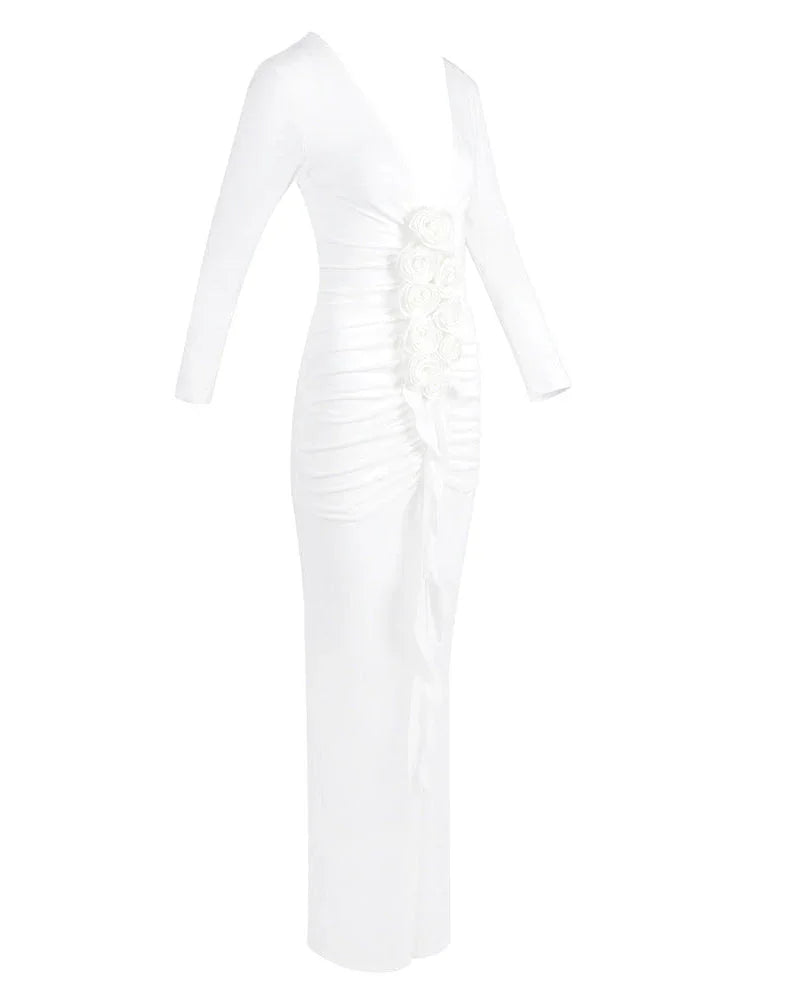 Elegante vestido largo blanco de invitada de boda y de ceremonia con manga larga y detalle fruncido | Maxi