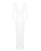 Elegante vestido largo blanco de invitada de boda y de ceremonia con manga larga y detalle fruncido | Maxi