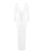 Elegante vestido largo blanco de invitada de boda y de ceremonia con manga larga y detalle fruncido | Maxi