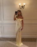 Refinado vestido largo amarillo de invitada de boda y de ceremonia con hombros descubiertos | Maxi