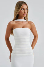 Estiloso vestido largo ajustado de invitada de boda y de fiesta en burdeos y blanco | Maxi
