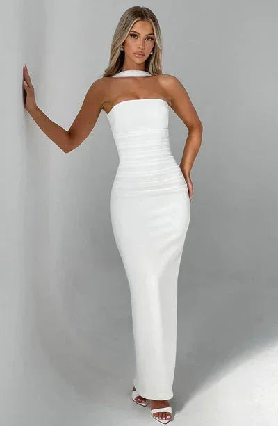 Estiloso vestido largo ajustado de invitada de boda y de fiesta en burdeos y blanco | Maxi