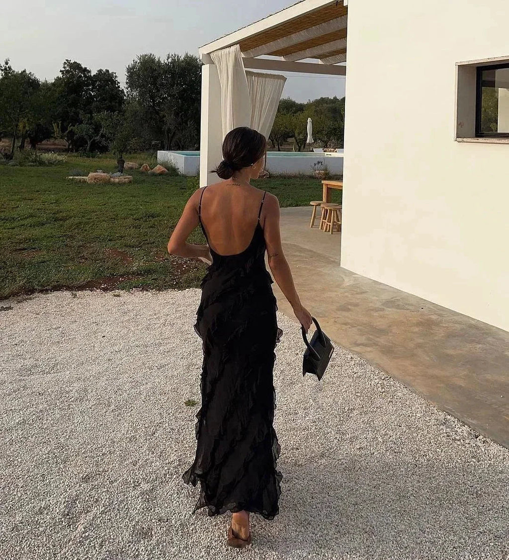 Elegante vestido largo de invitada de boda y de noche con volantes y tirantes ajustables | Maxi