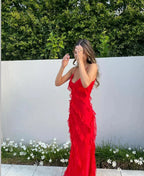 Elegante vestido largo de invitada de boda y de noche con volantes y tirantes ajustables | Maxi