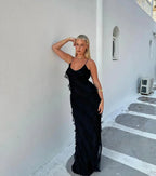 Elegante vestido largo de invitada de boda y de noche con volantes y tirantes ajustables | Maxi