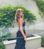 Elegante vestido largo de invitada de boda y de noche con volantes y tirantes ajustables | Maxi