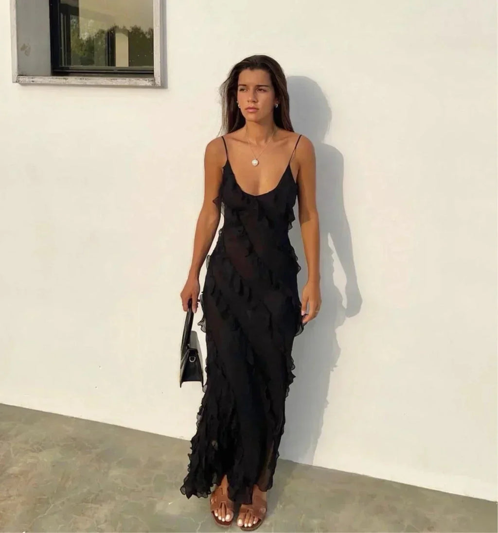 Elegante vestido largo de invitada de boda y de noche con volantes y tirantes ajustables | Maxi