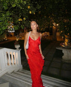 Elegante vestido largo de invitada de boda y de noche con volantes y tirantes ajustables | Maxi