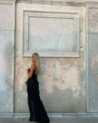 Elegante vestido largo de invitada de boda y de noche con volantes y tirantes ajustables | Maxi