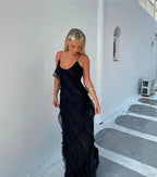 Elegante vestido largo de invitada de boda y de noche con volantes y tirantes ajustables | Maxi