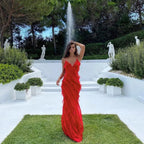Elegante vestido largo de invitada de boda y de noche con volantes y tirantes ajustables | Maxi