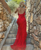 Elegante vestido largo de invitada de boda y de noche con volantes y tirantes ajustables | Maxi