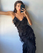 Elegante vestido largo de invitada de boda y de noche con volantes y tirantes ajustables | Maxi