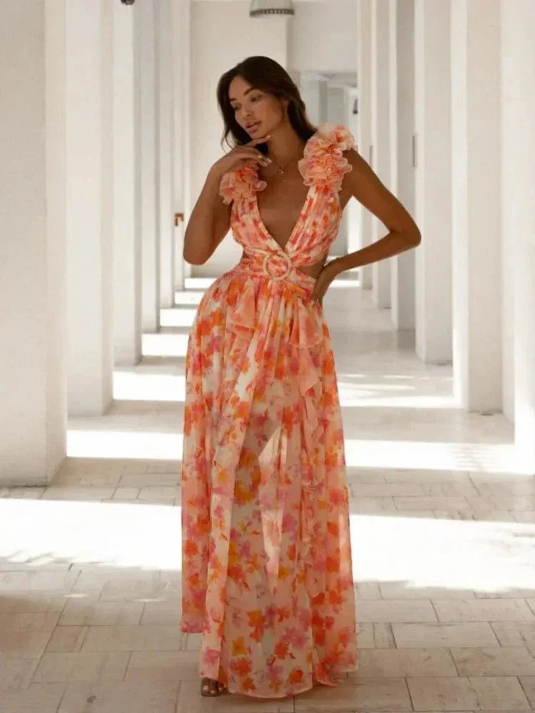 Elegante vestido largo rosa floral de invitada de boda y de fiesta con volantes | Maxi